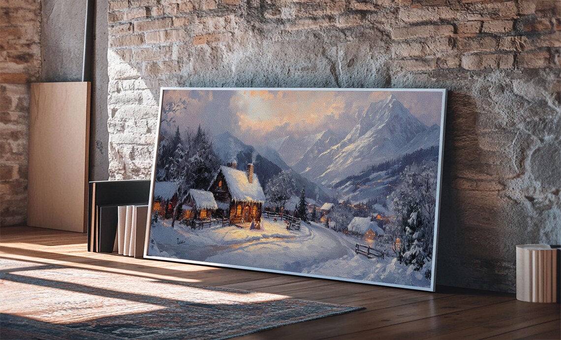 Christmas Mountain Village Oil Painting Print Framed Retro Christmas Christmas Mountain Landscape Painting Christmas Art - Image 4