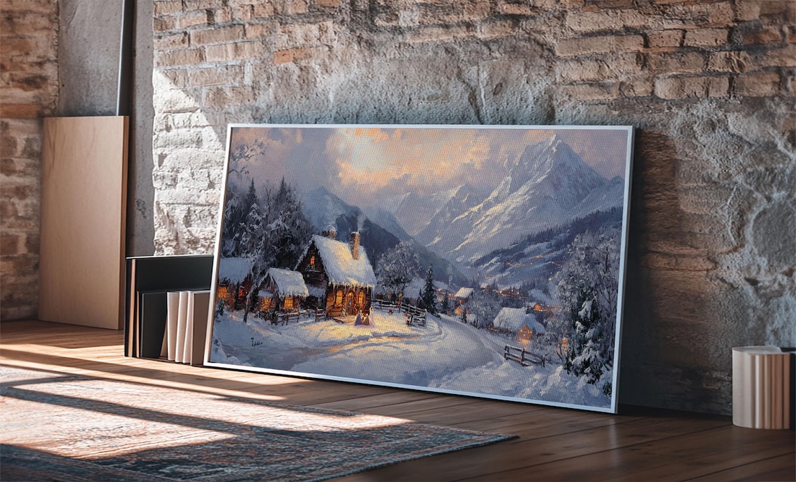 Snowy Mountain Cabin Village At Golden Sunset Christmas Poster - Image 4