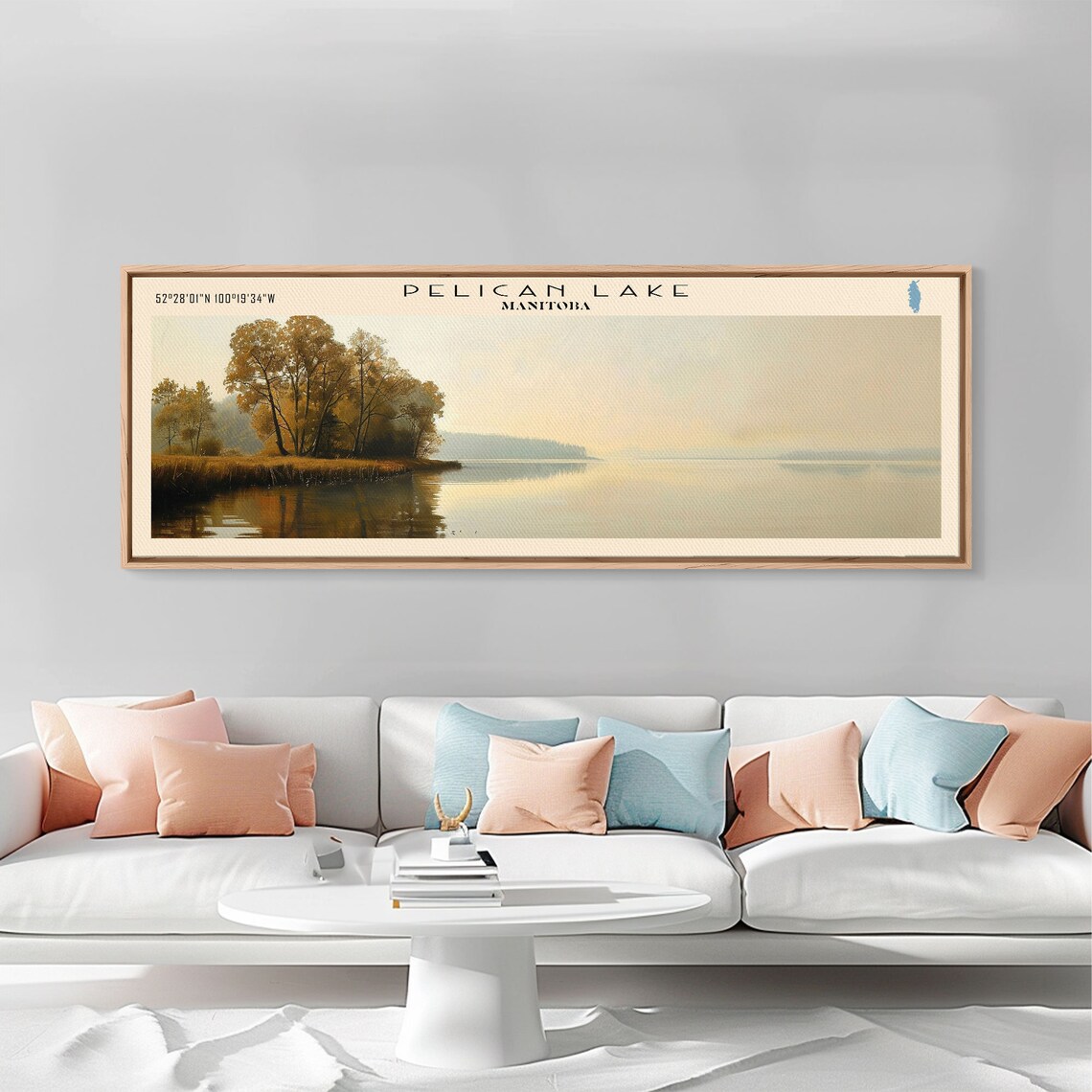 Pelican Lake Manitoba Misty Dawn Golden Trees Calm Water Travel Poster - Image 2
