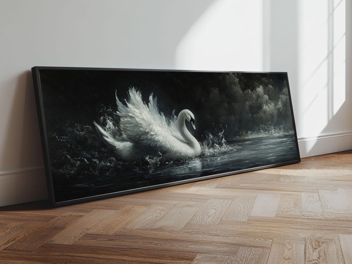 White Swan On Stormy Dark Water Panoramic Wildlife Painting Print - Image 4