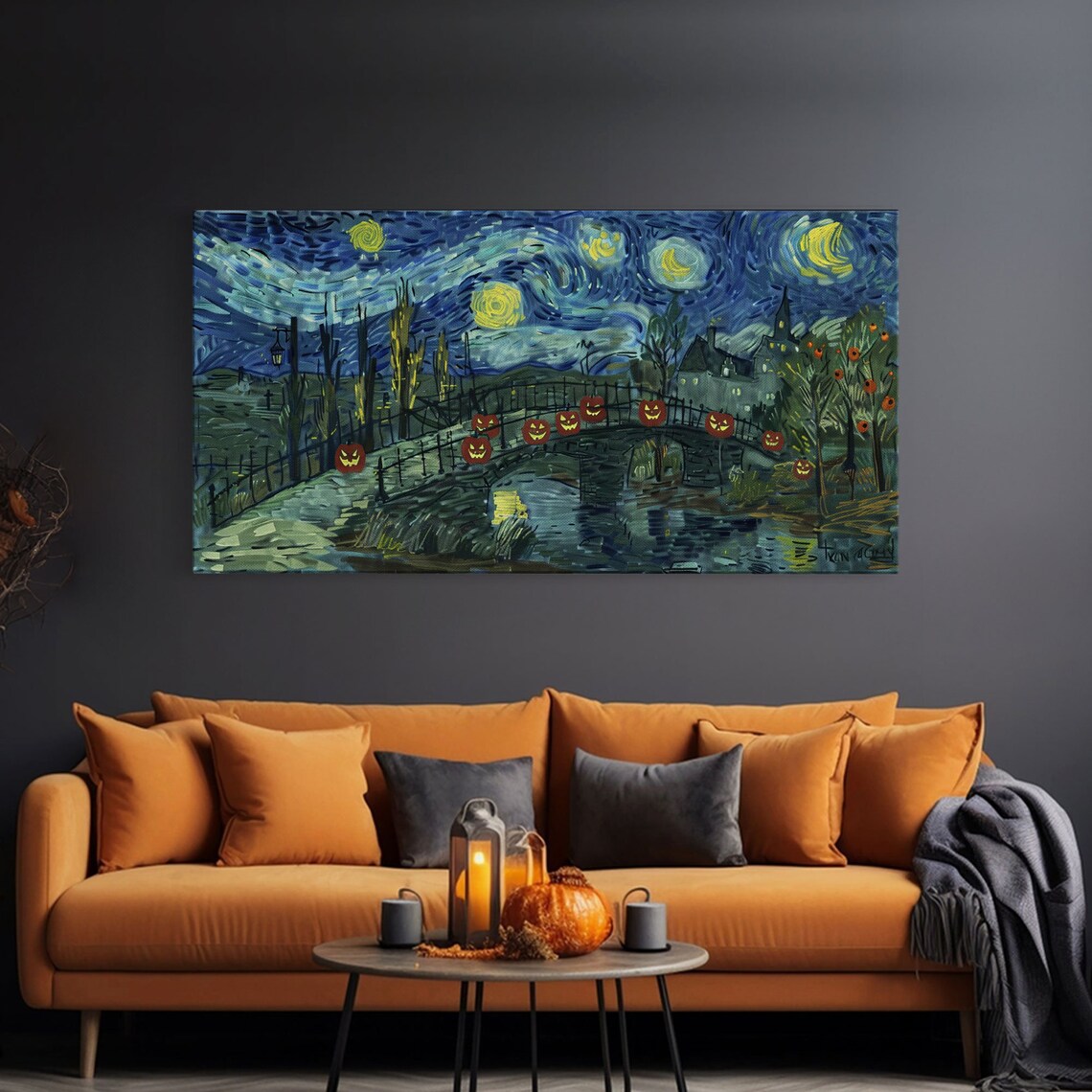 Starry Night Victorian Bridge Jack O Lanterns Swirling Sky Halloween Poster - Image 3