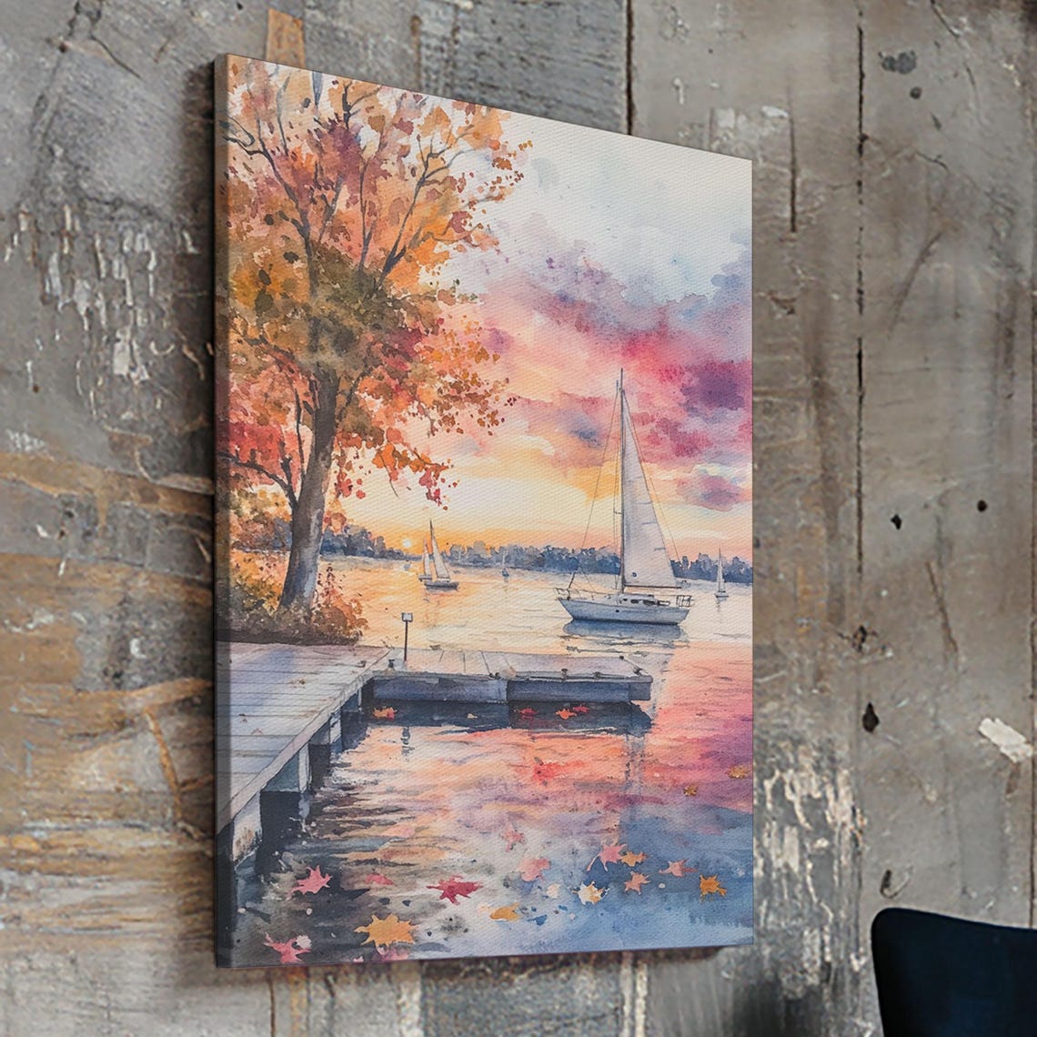 Sailboats At Sunset On Calm Water With Autumn Trees And Dock Poster - Image 2