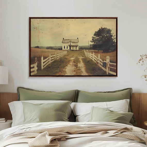 Old Photo Print Of An 1800s Farmhouse White Picket Fences Vintage Style Wall Art Framed Print Rustic Primitive Wall Art