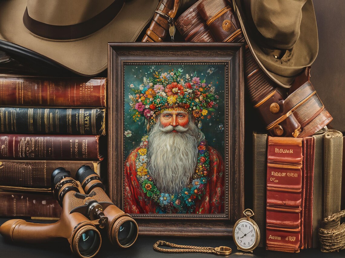 Floral Crown Santa Claus Portrait Vintage Christmas Holiday Art Poster - Image 4