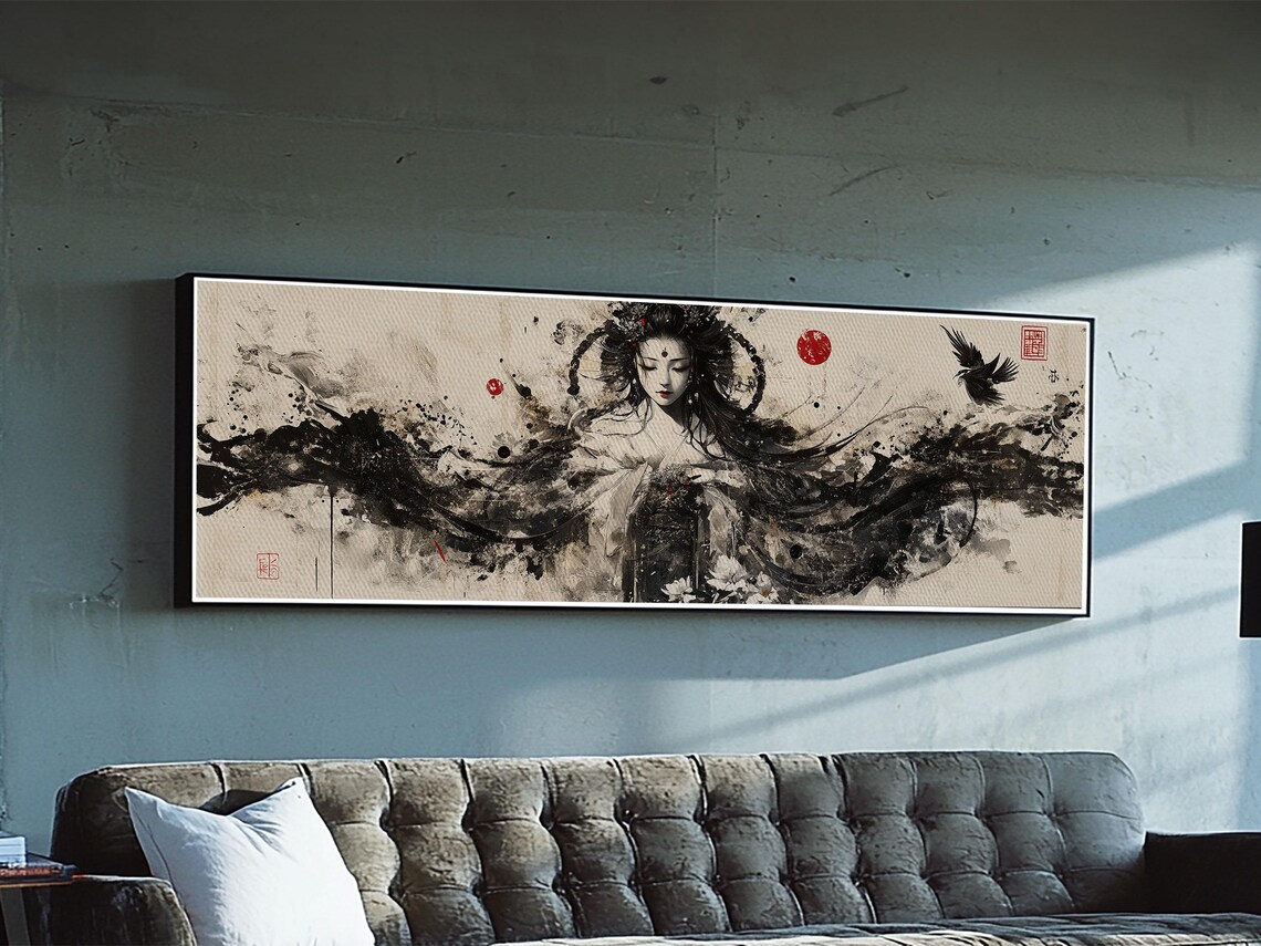 Ethereal Goddess Framed Print Moody Art Japanese Style Dark Angels Wall Art Feminine Zen Artwork Rustic Decor - Image 5