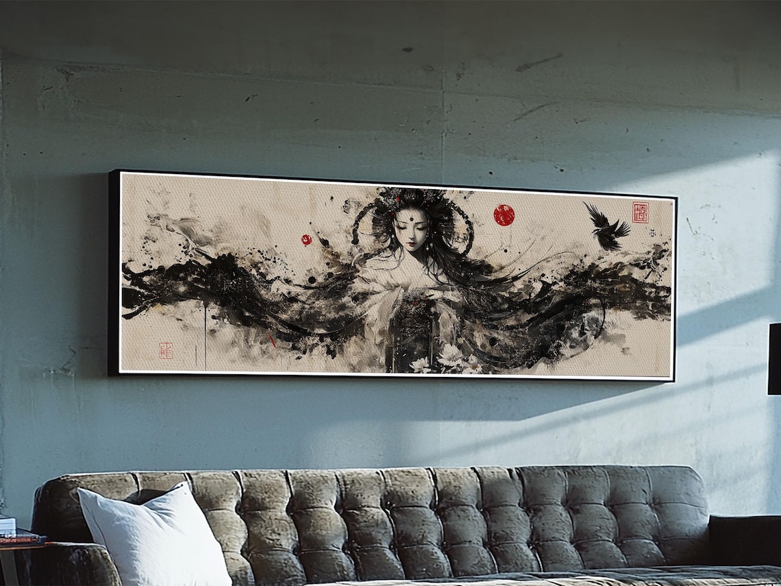 Ethereal Ink Wash Goddess Panoramic Japanese Style Dark Zen Art Poster - Image 5
