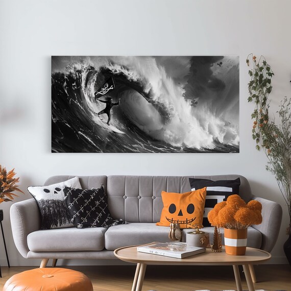 Pirate Surfer Riding Inside Curling Ocean Barrel Black White Print