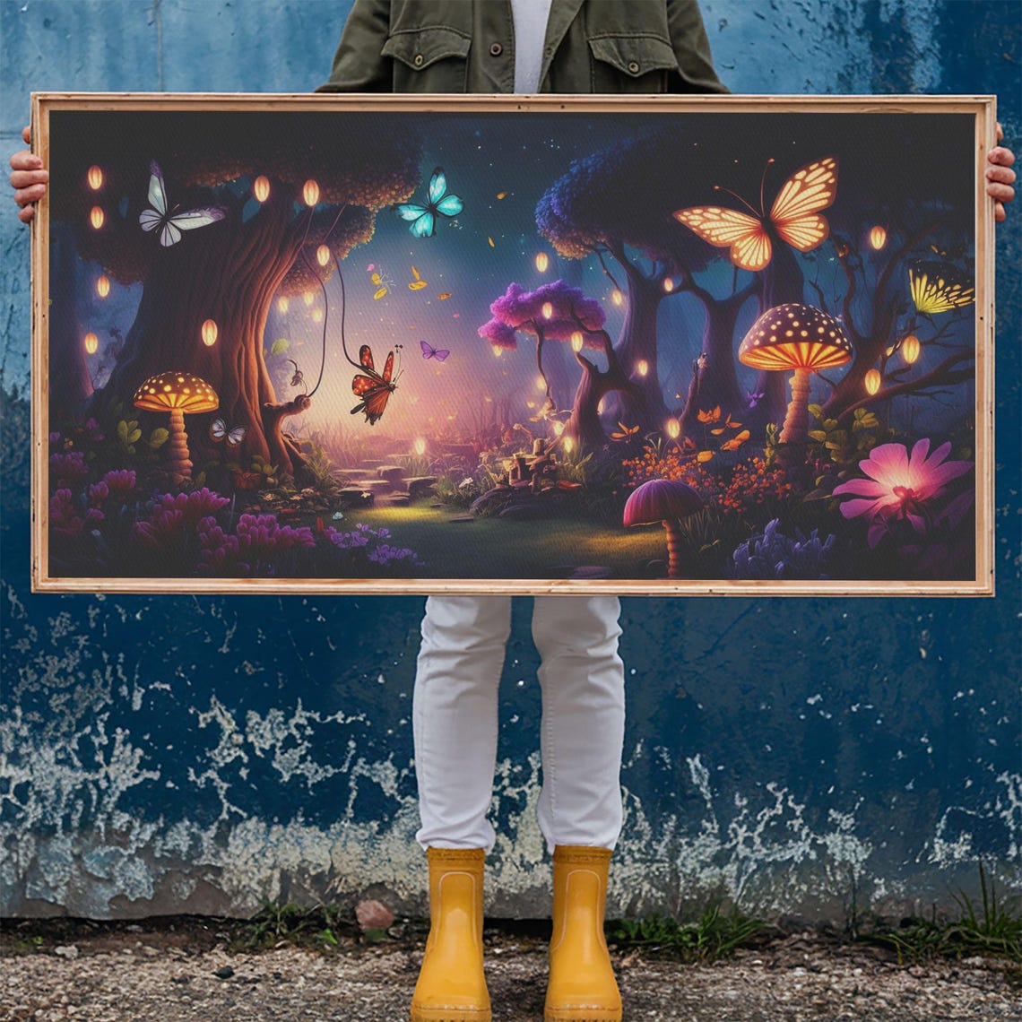 Vibrant Fantasy Forest Wall Art The Forest Floor Bioluminescent Glowing Butterflies Gift Framed Print - Image 6