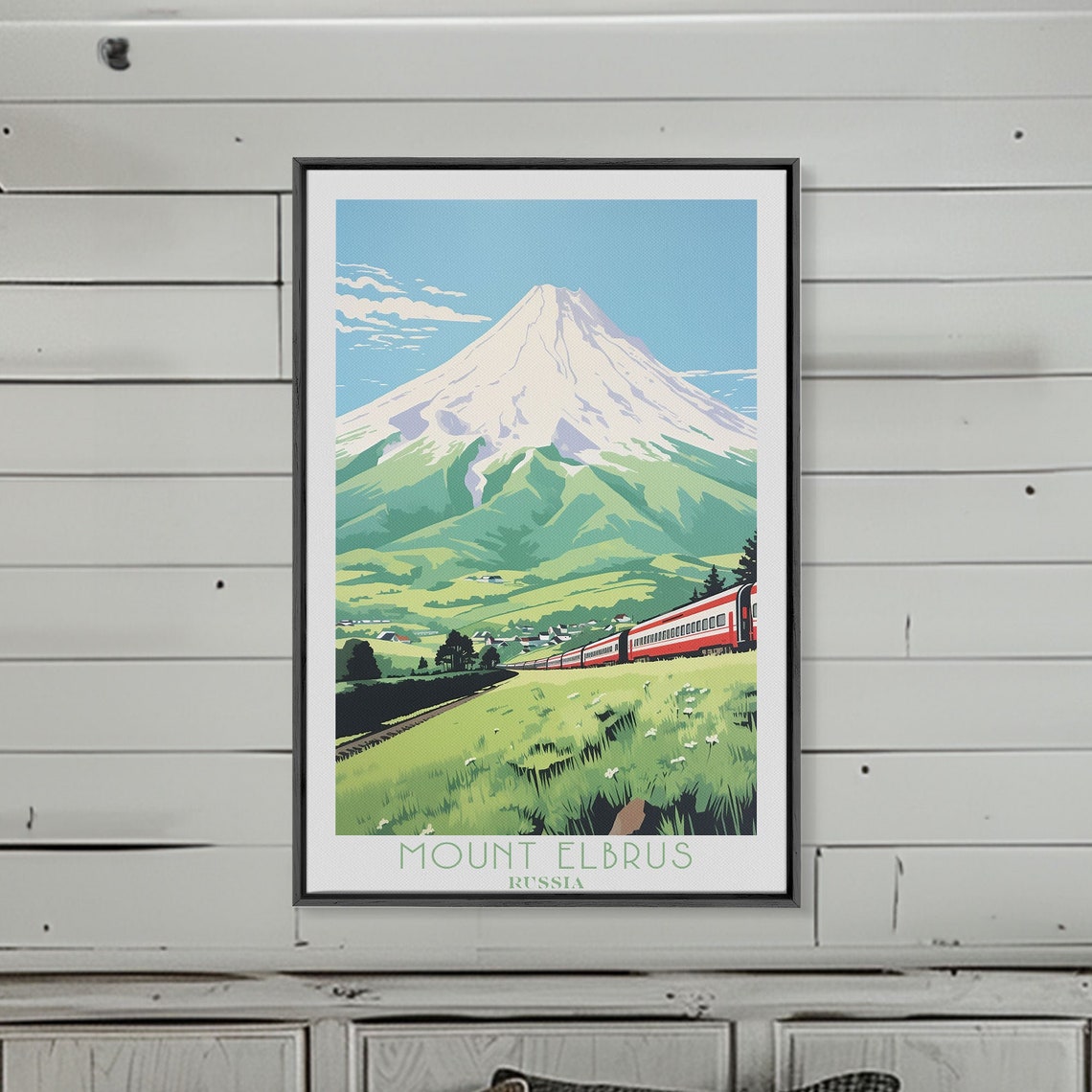 Mount Elbrus Russia Snow Capped Peak Train Meadow View Poster - Image 3