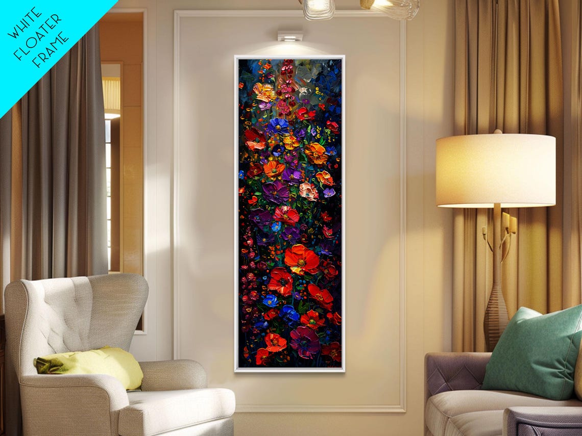 Colorful Impasto Floral Bouquet Bold Blooms Dark Canvas Art Poster - Image 3
