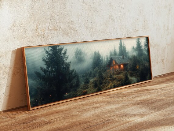 Rustic Cottage Scene Framed Print Moody Landscape Painting Forest At Dusk Artwork Cozy Cabin Autumn Wall Art Living Room Decor