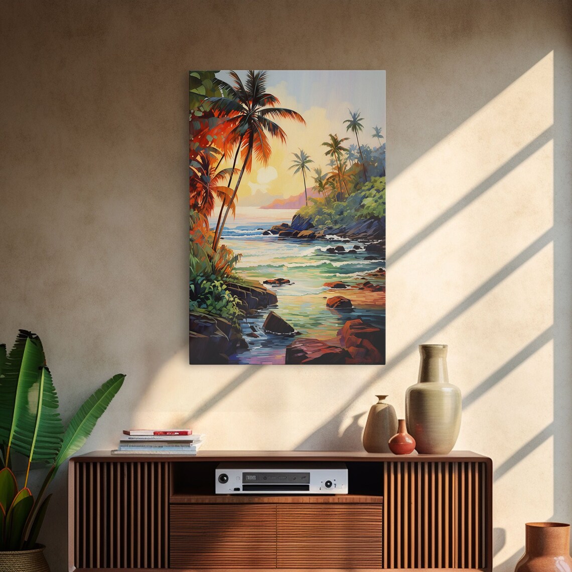 Tropical Cove Palm Trees Rocky Shore Retro Island Paradise Art Poster - Image 3