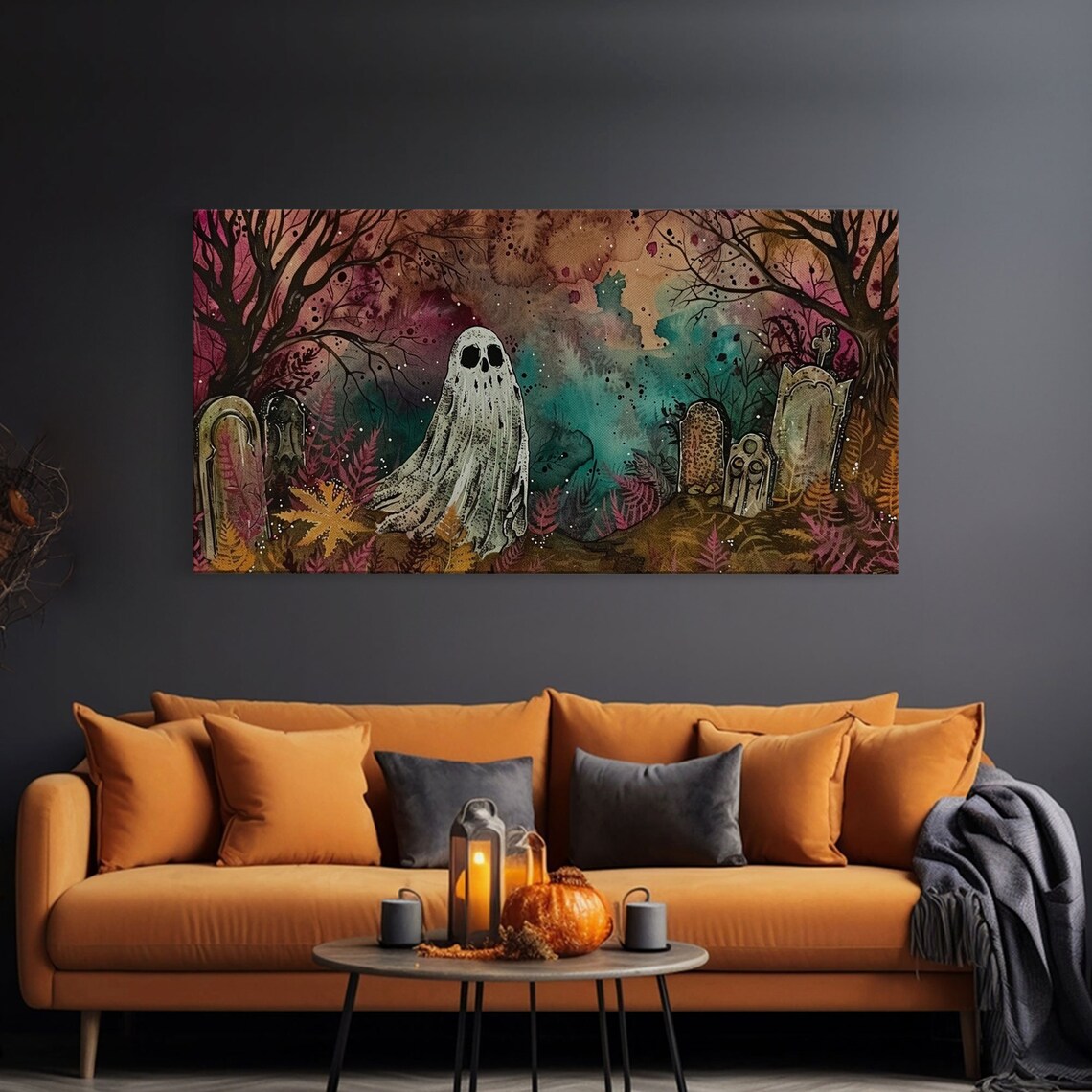 Cute Ghost In Colorful Cemetery Spooky Season Halloween Art Print