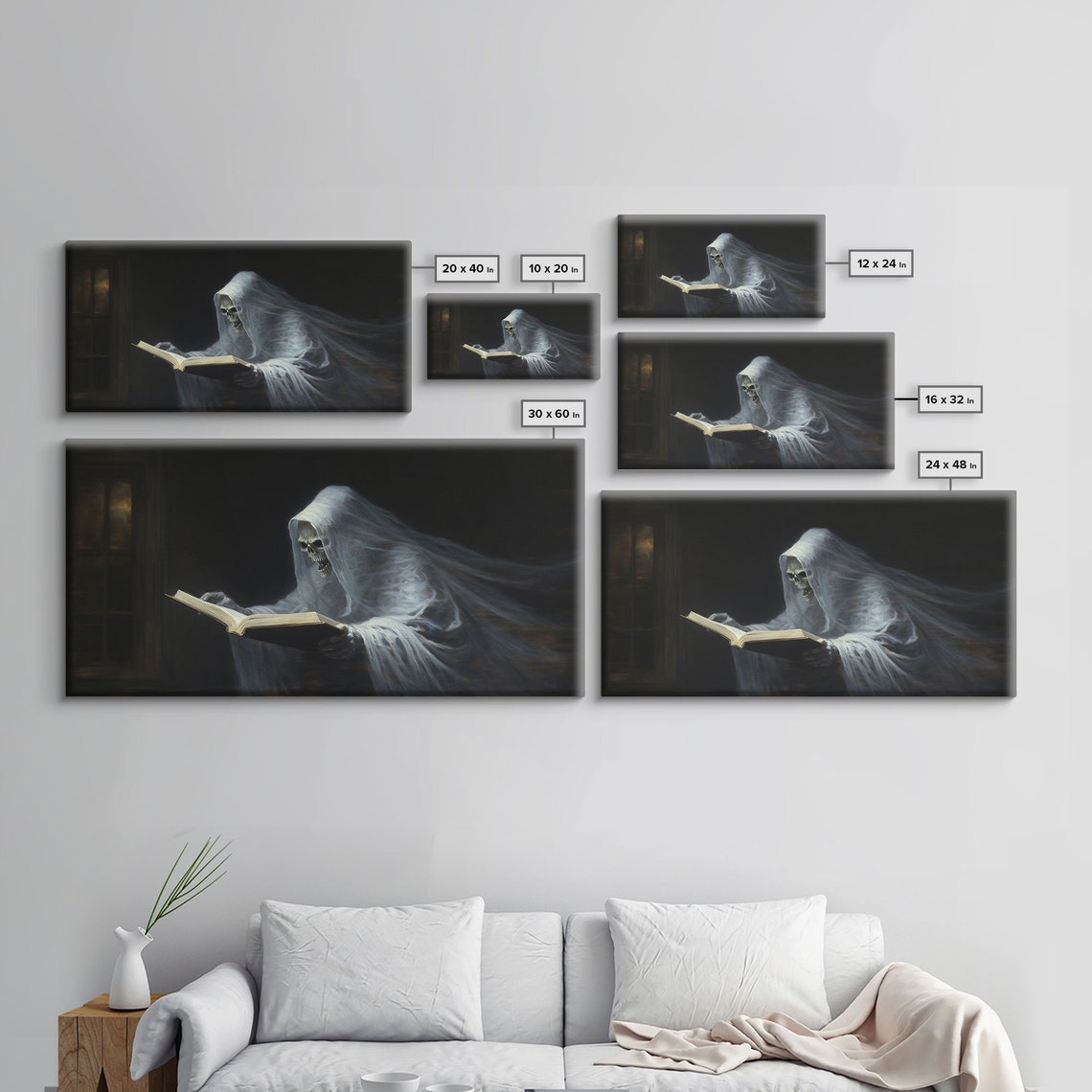 Reading Ghost Skeletal Figure With Book Moody Panoramic Wall Art - Image 2