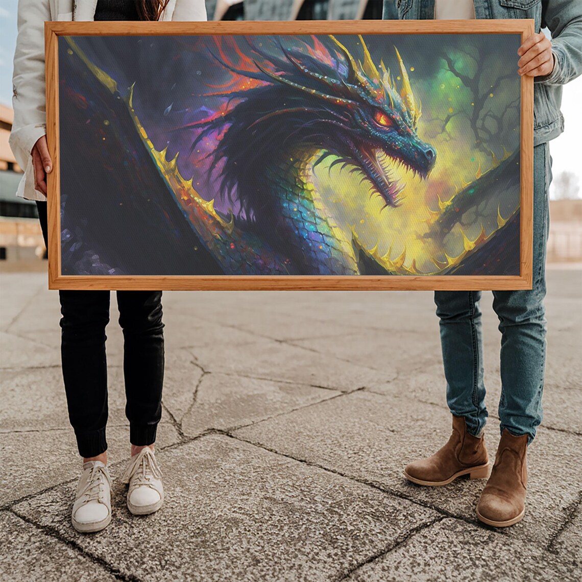 Psychedelic Dragon Head Iridescent Scales Golden Horns Dark Wall Poster - Image 5
