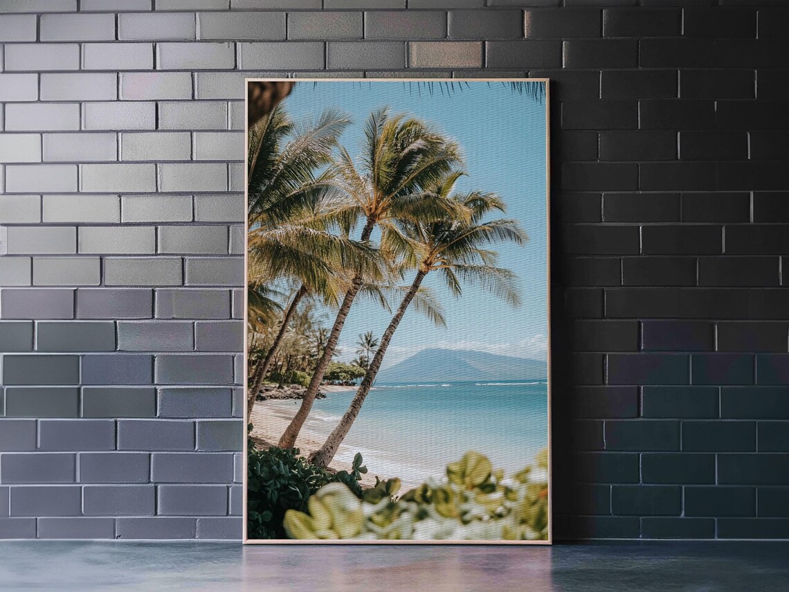 Tropical Palm Beach Turquoise Ocean Hawaii Watercolor Travel Poster - Image 2