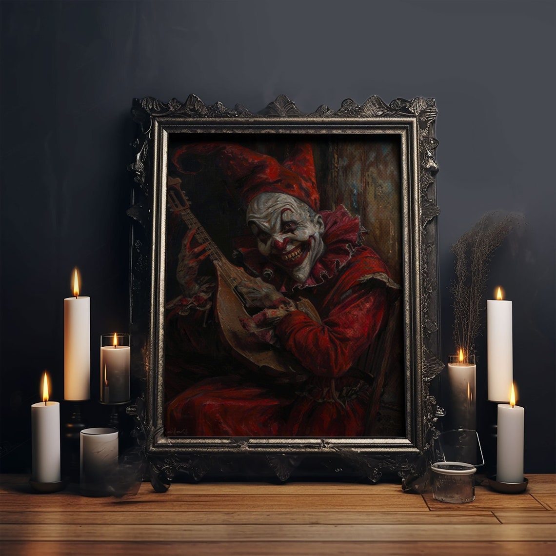 Sinister Jester Playing Mandolin With Bloody Hands Halloween Art Print - Image 6