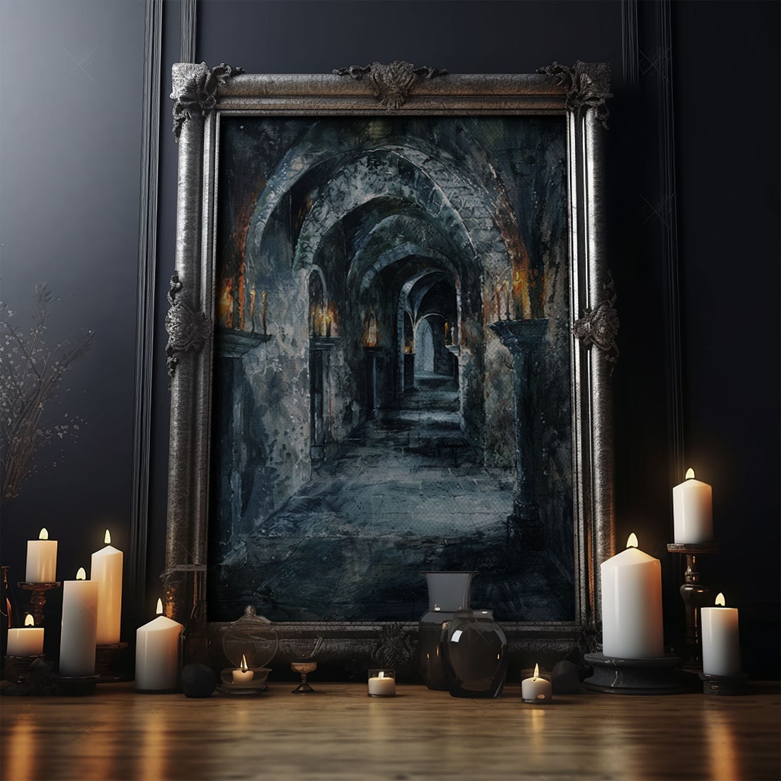 Dark Gothic Hallway With Candle Torches Haunted Corridor Art Poster - Image 5