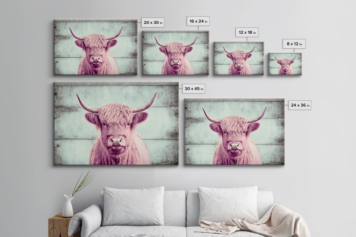 Pink And Turquoise Rustic Cattle Art Framed Print Framed Wall Art Primitive Rustic Minimalist Farmhouse Decor Highland Cattle Art - Image 2
