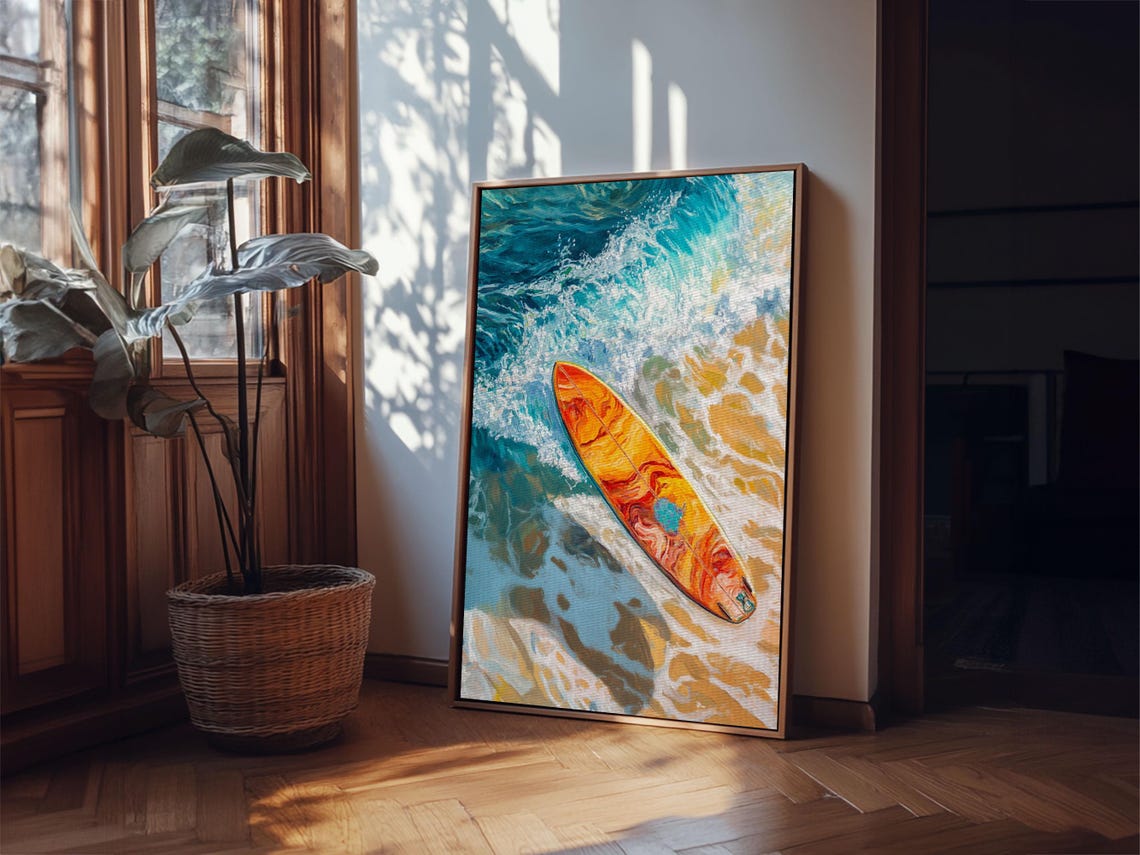 Orange Surfboard Floating Turquoise Ocean Aerial Beach Surf Art Poster - Image 4