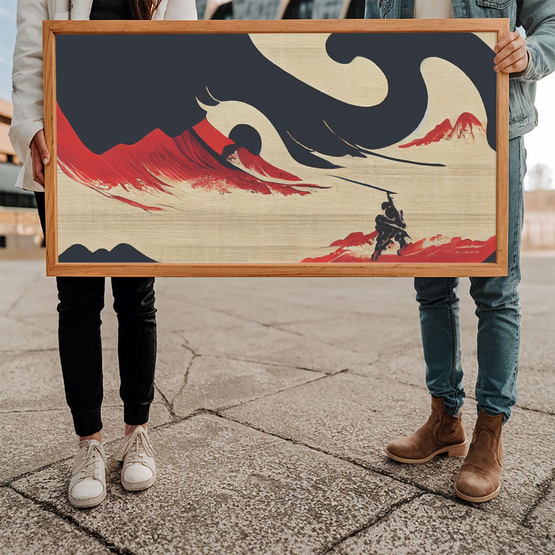 Japanese Samurai Fighting Giant Wave Under Red Sun Style Art Poster - Image 5