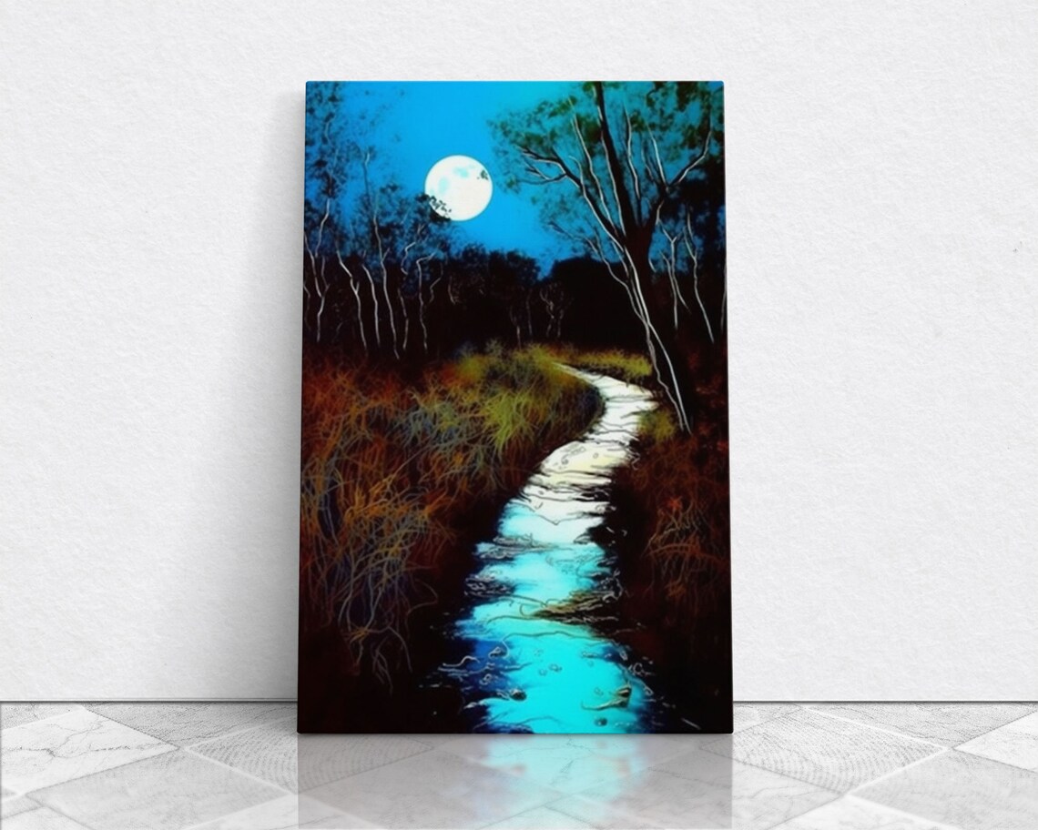 Spooky Full Moon Over Calm Stream Night Art Print - Image 5