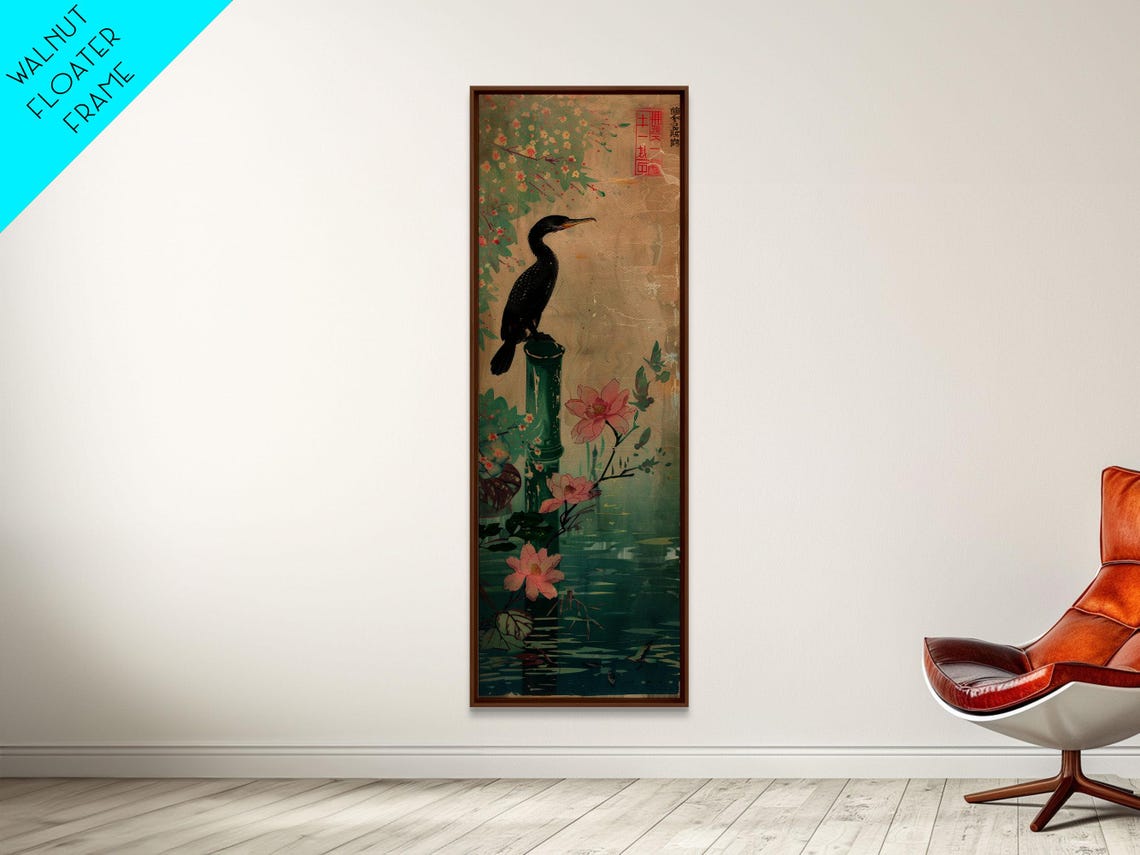 Japanese Ukiyo E Cormorant Bird Bamboo Pond Lotus Flowers Poster - Image 2