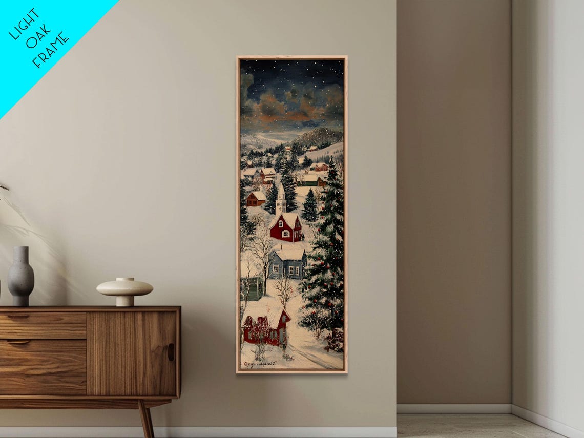 Snowy Mountain Village With Red Barns And Christmas Tree Poster - Image 5