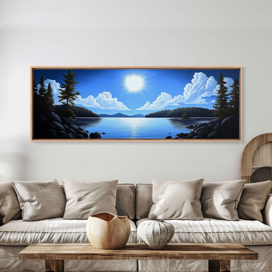 Bright Blue Lake Sun Clouds Pine Trees Panoramic Scenic Poster - Image 4