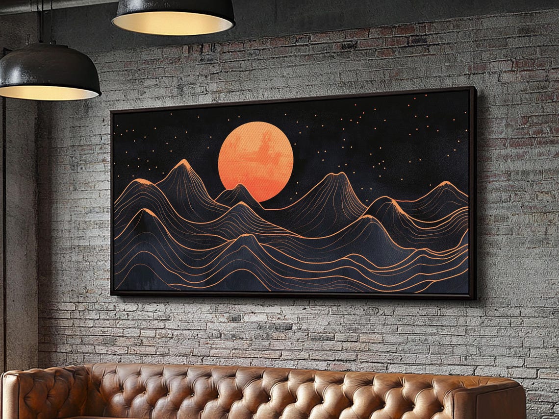 Art Deco Style Abstract Art Orange Blood Moon Over Mountain Landscape Retro Home Decor - Image 5
