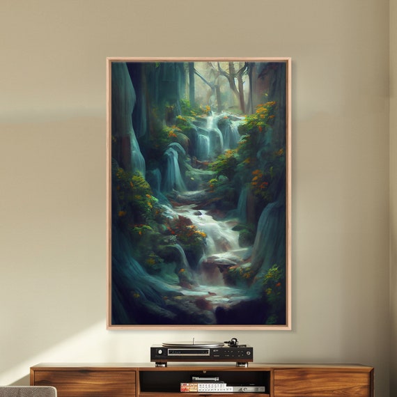 Waterfall Painting Print Fantasy Wall Art Watercolor Print High Fantasy Nature Landscape Wall Art For Living Room