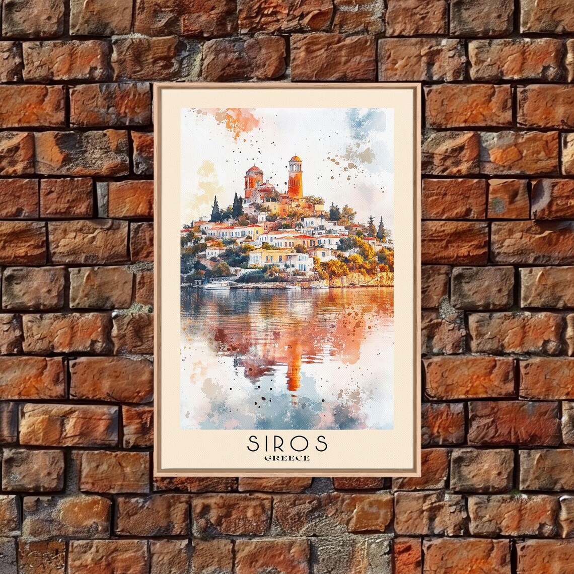Siros Greece Hilltop Churches Harbor Town Warm Reflection Watercolor Poster - Image 5