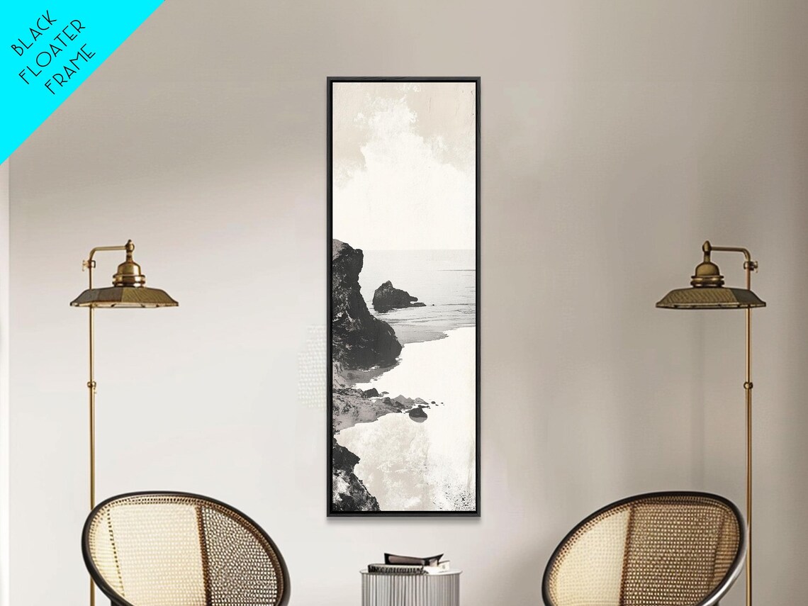 Black White Coastal Rocks Abstract Seascape Minimalist Nautical Vertical Poster - Image 3