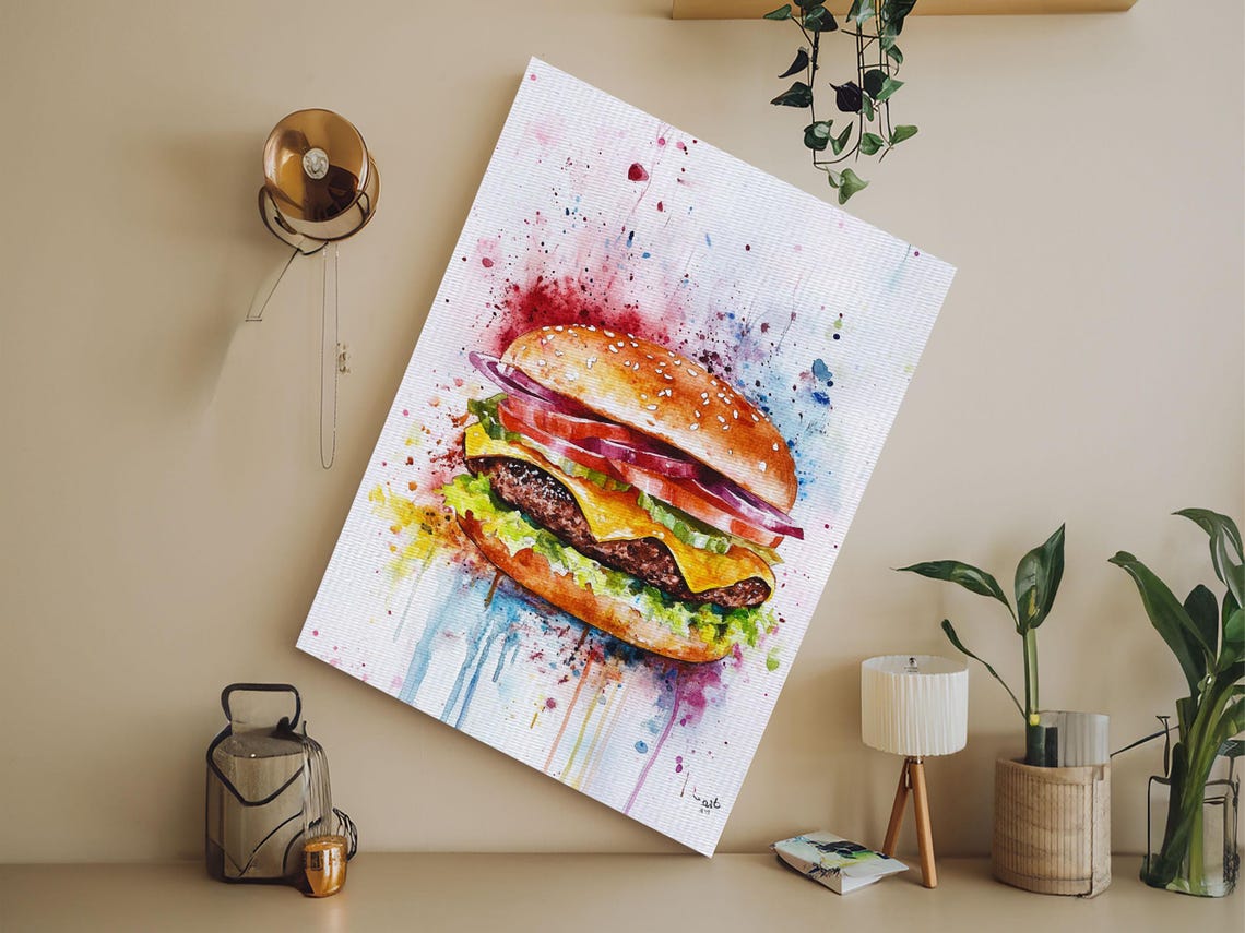 Watercolor Splatter Cheeseburger Colorful Kitchen Food Art Print - Image 3