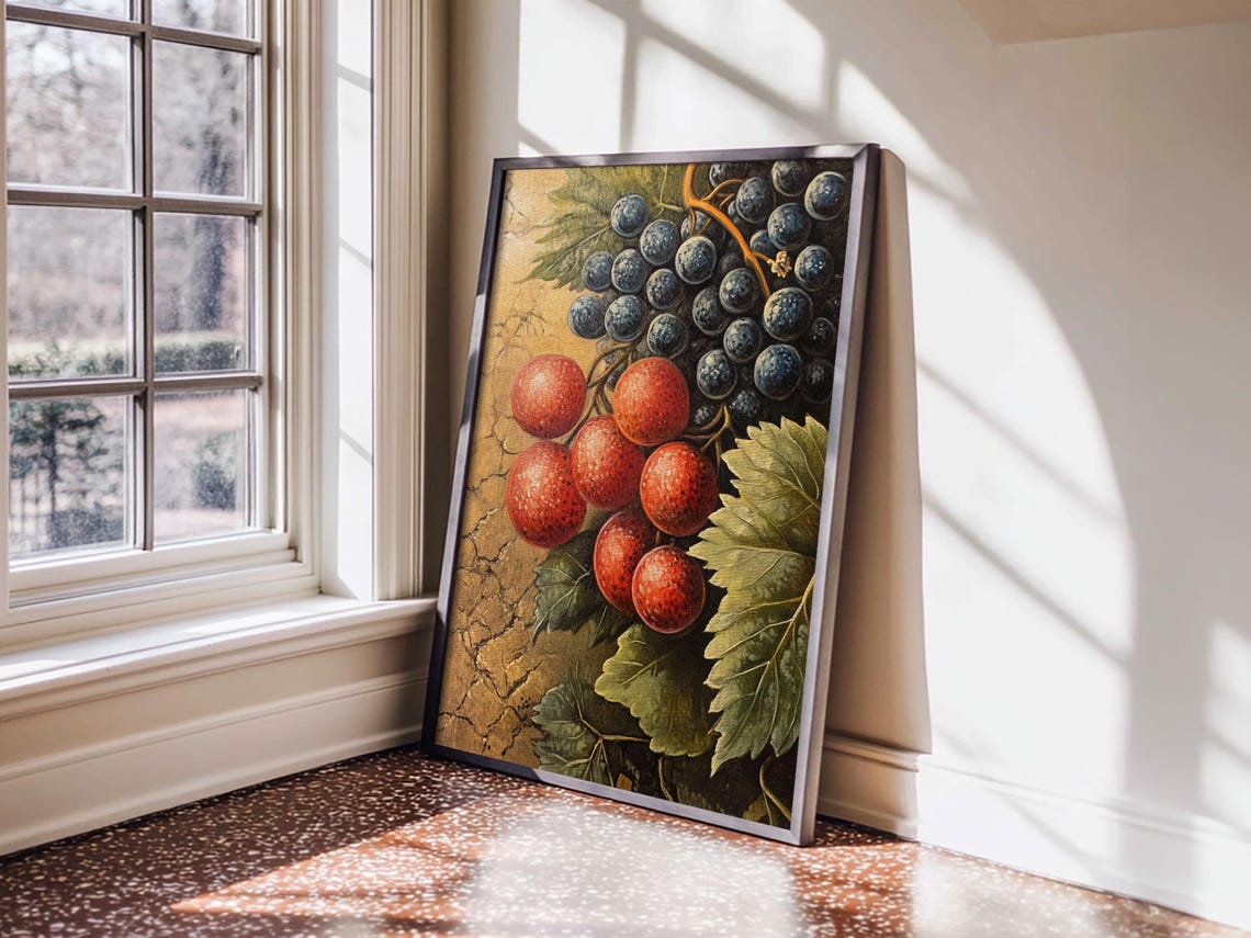 Antique Red And Blue Grape Vine Fruit Still Life Oil Painting Poster - Image 6