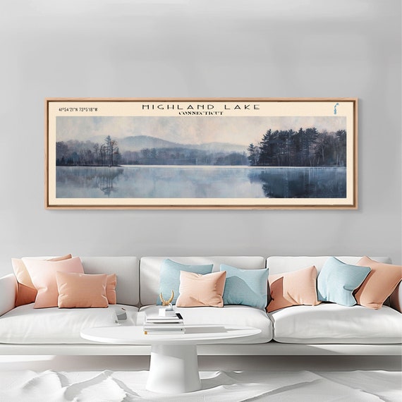 Highland Lake Connecticut Framed Print Lake House Art Panoramic Wall Art Travel Poster Scenic Lake Painting Home Decor
