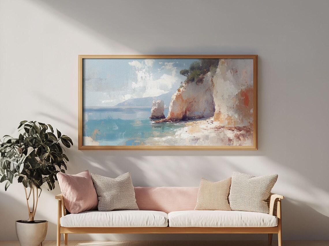 White Cliff Coastal Seascape Oil Painting Turquoise Water Beach Art Print - Image 6