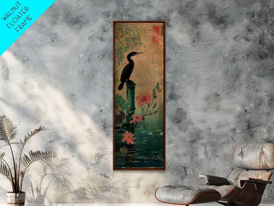 Japanese Ukiyo E Cormorant Bird Bamboo Pond Lotus Flowers Poster - Image 3
