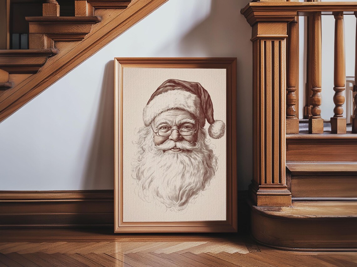 Vintage Santa Claus Portrait With Glasses Sepia Sketch Holiday Poster - Image 2