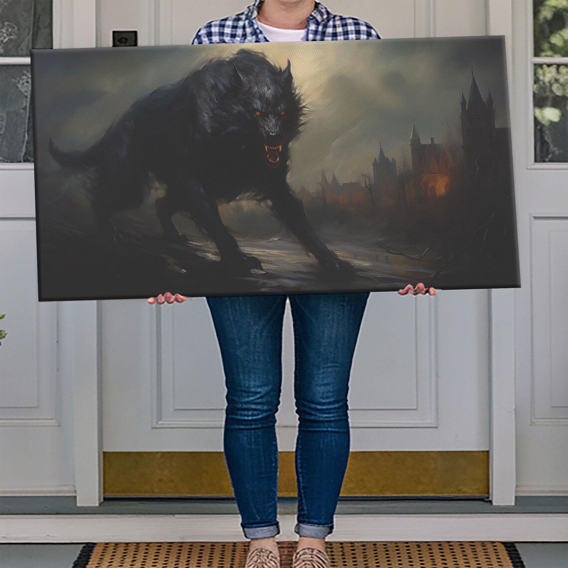 Giant Black Werewolf Gothic Castle Night Horror Painting Dark Poster - Image 4