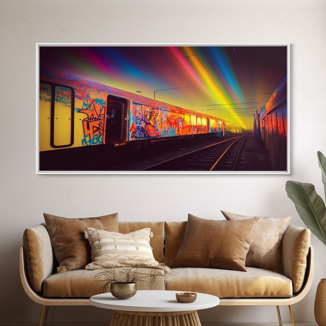 Graffiti Train At Night With Rainbow Light Beams Overhead Urban Print