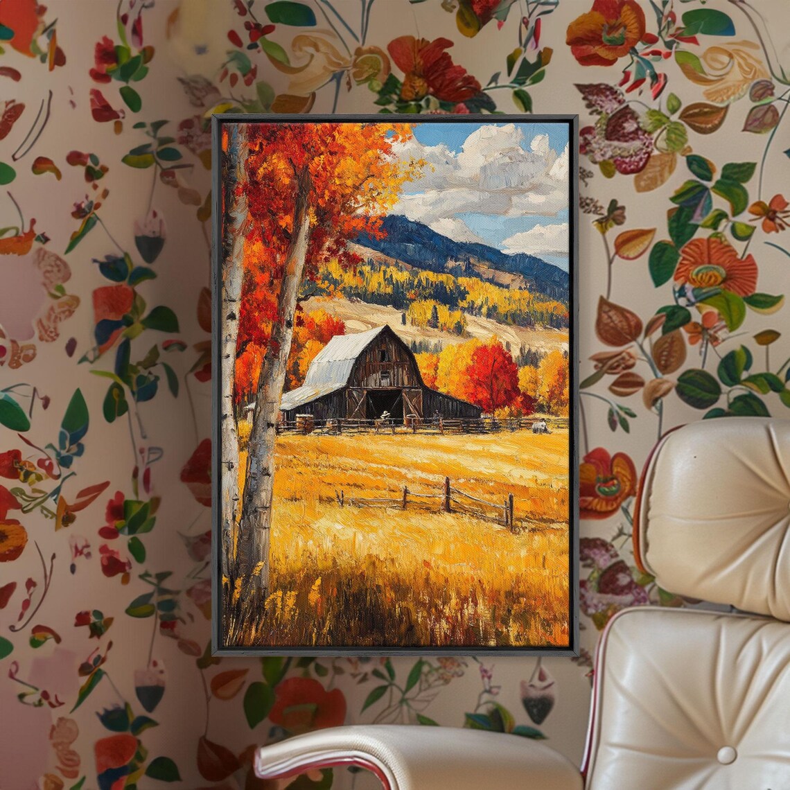 Countryside Barn In Autumn With Birch Trees Mountain Scene Poster