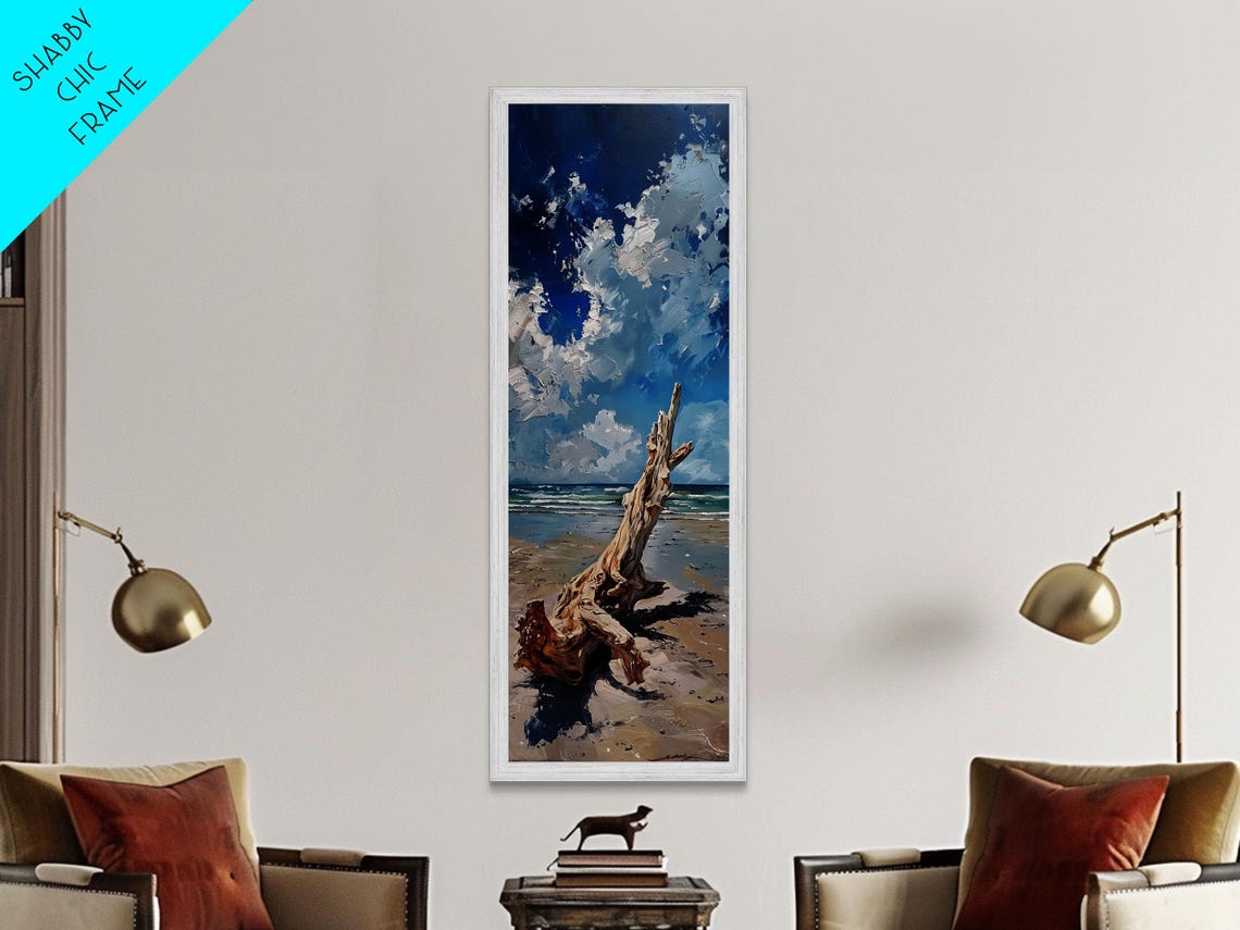 Driftwood On Sandy Beach Under Dramatic Clouds Moody Coastal Poster - Image 3