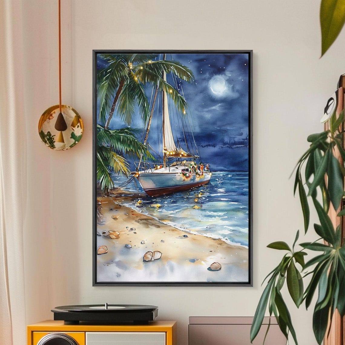 Sailboat On Tropical Beach At Night Moonlit Christmas Lights Poster - Image 3