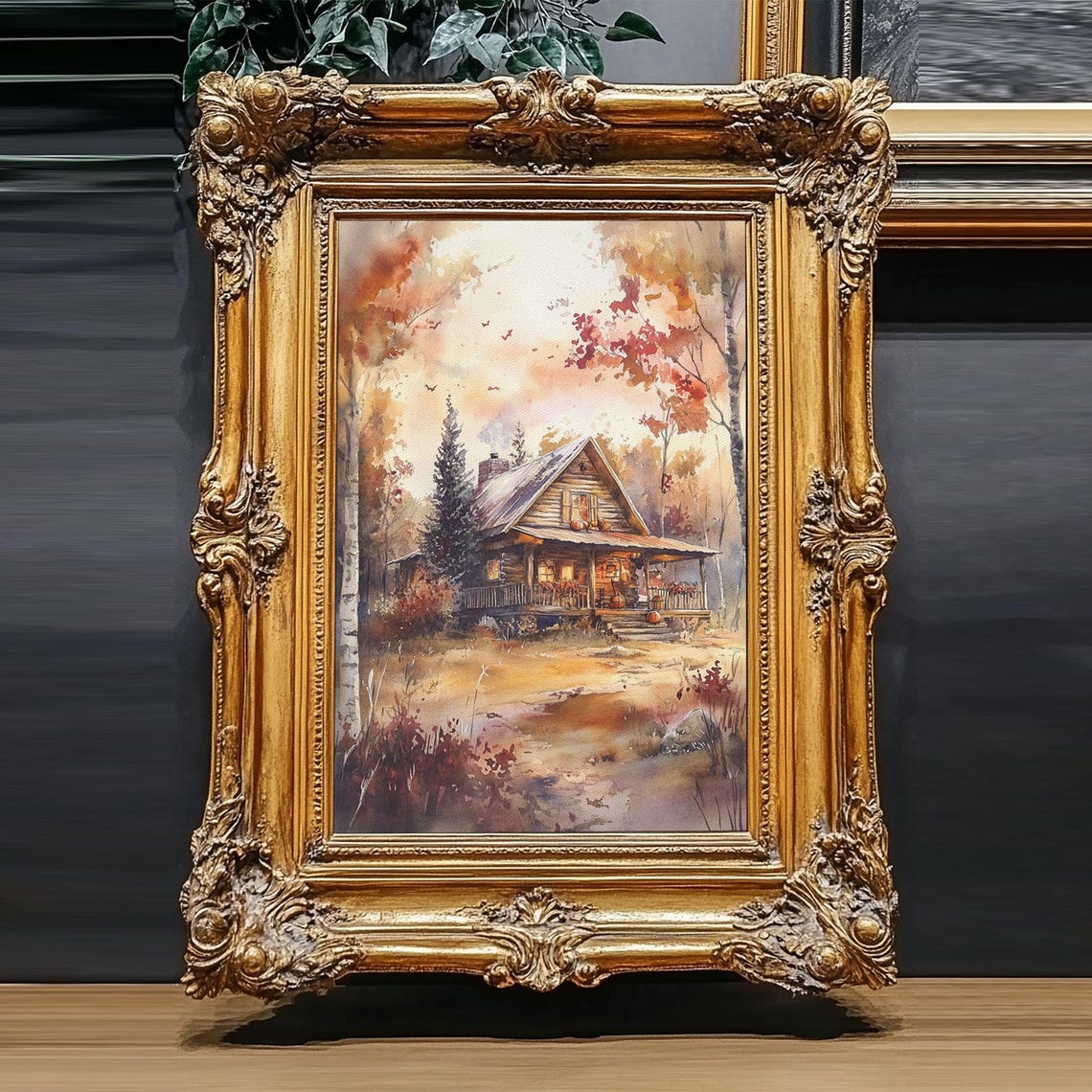 Rustic Autumn Woods Log Cabin Fall Foliage Warm Watercolor Poster - Image 3