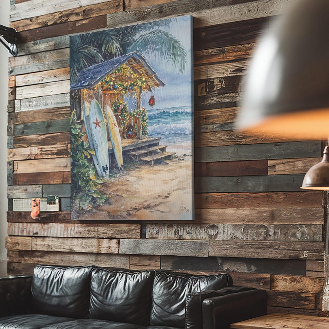 Tropical Surf Shack Christmas Lights Beach Surfboards Ocean Poster
