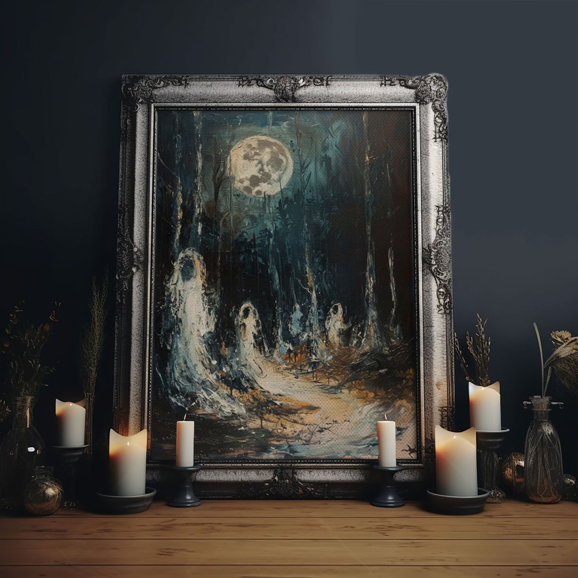 Ghostly Figures In Moonlit Forest Haunting Full Moon Night Poster