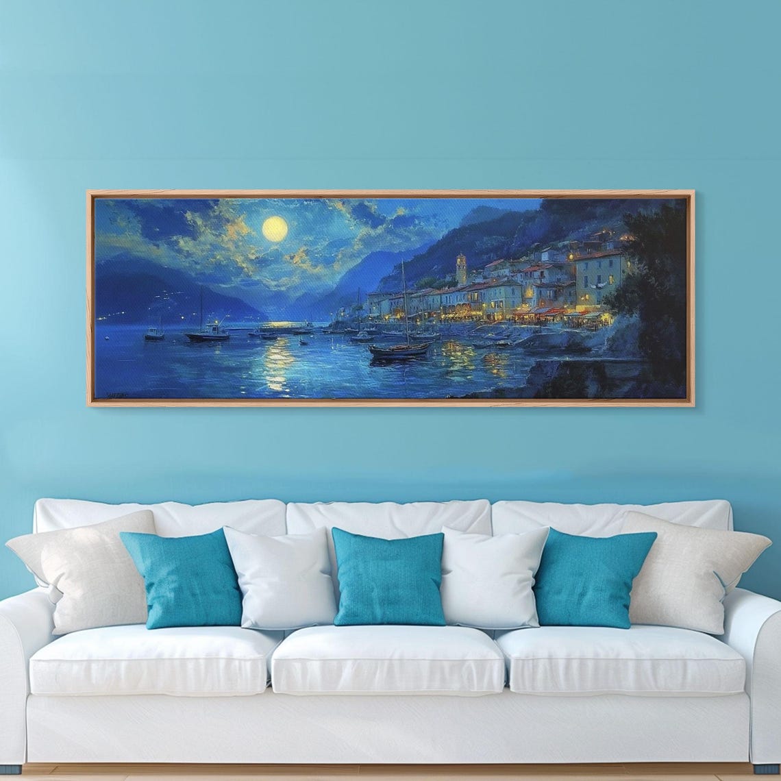 Midnight Full Moon Over Italian Coastal Harbor Night Lights Poster - Image 4