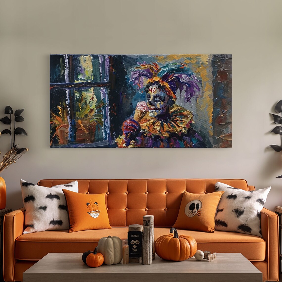Spooky Court Jester Eating Pink Ice Cream Funny Halloween Wall Art
