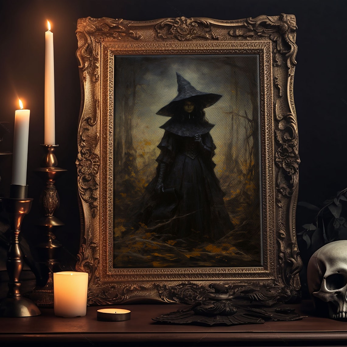Gothic Witch Standing In Misty Autumn Forest Vintage Halloween Print - Image 5